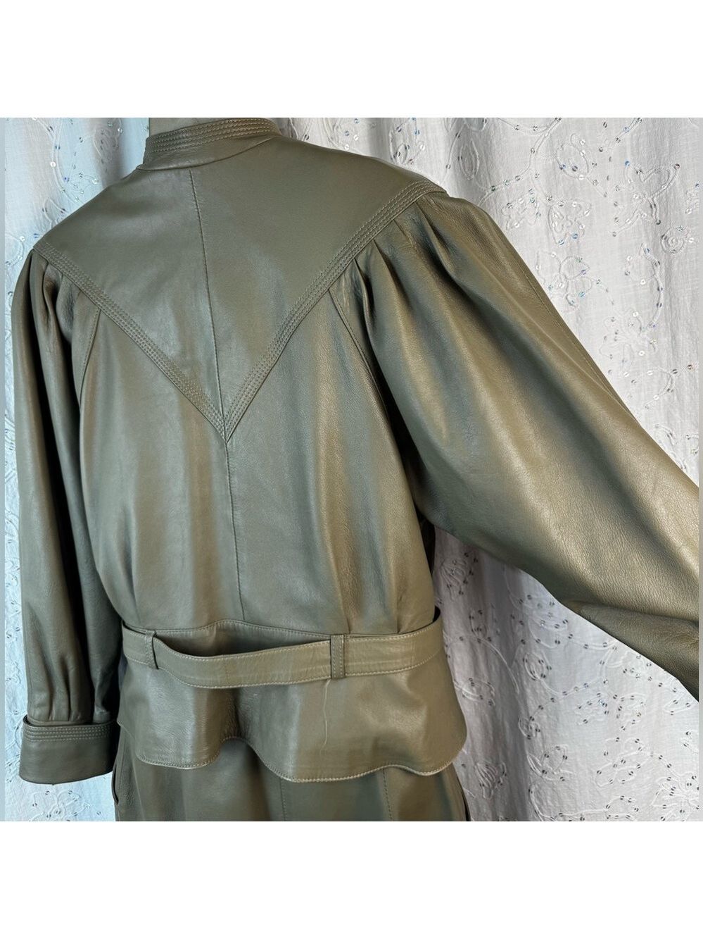 Vintage 80s Leather Jacket & Skirt Set Olive Taupe J. Porte Spain - Picture 6 of 14